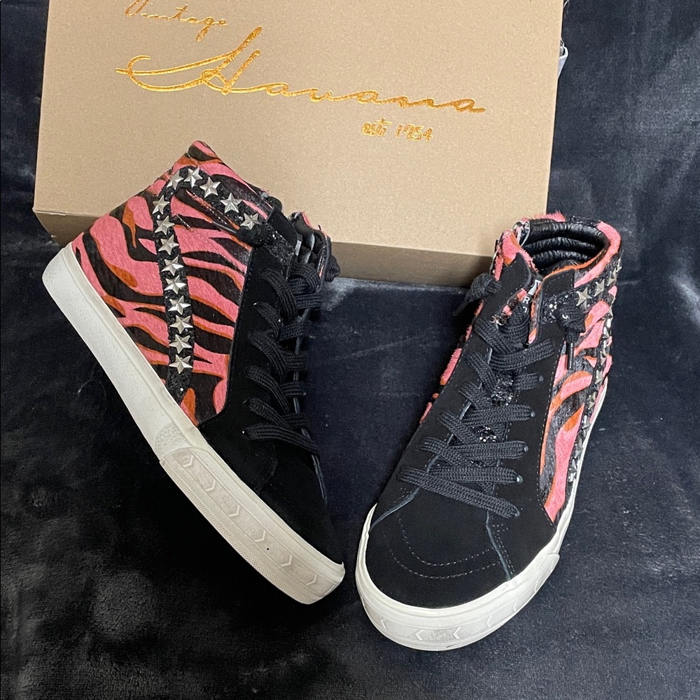 Black and Pink Patterned High-Top Sneakers